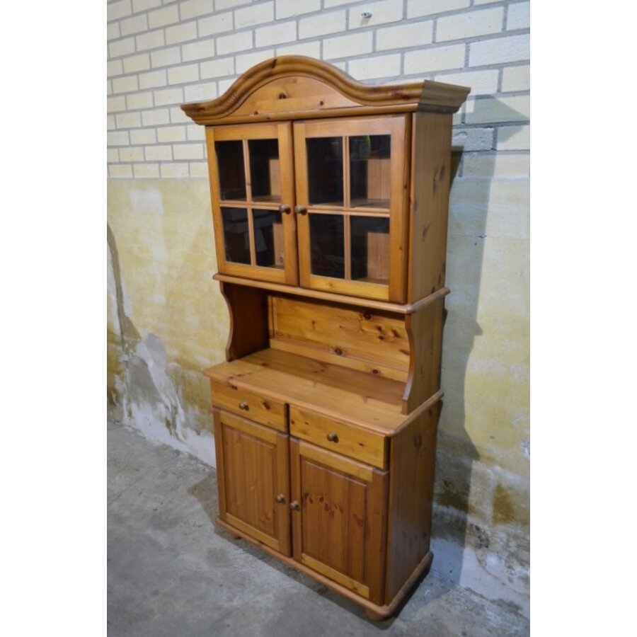 Grenen buffetkast met vitrine, 2 lades en onderkast-2