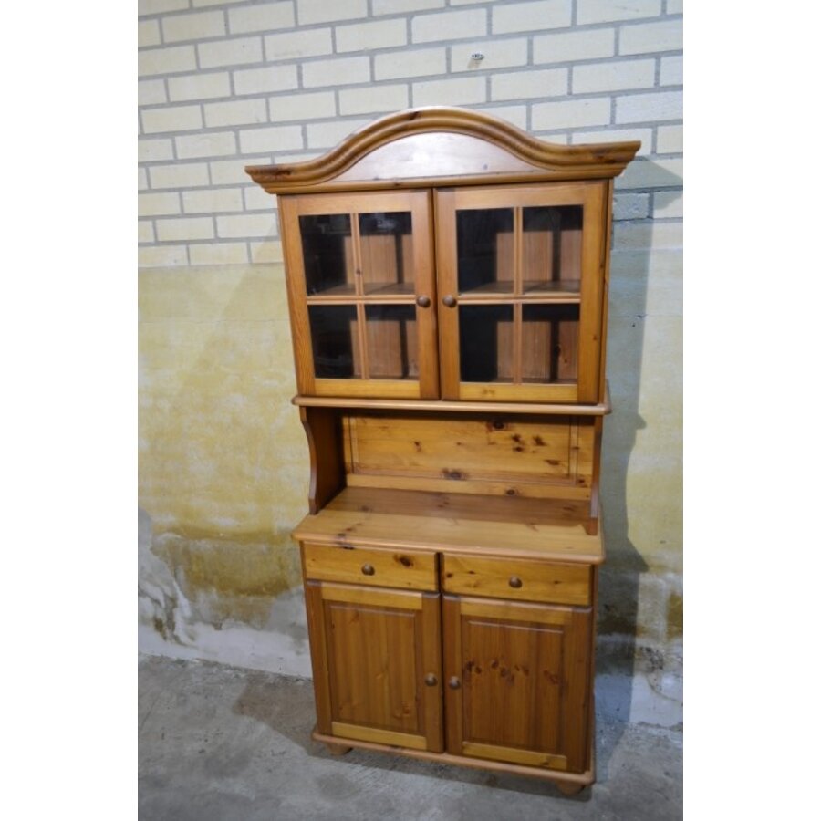 Grenen buffetkast met vitrine, 2 lades en onderkast-1