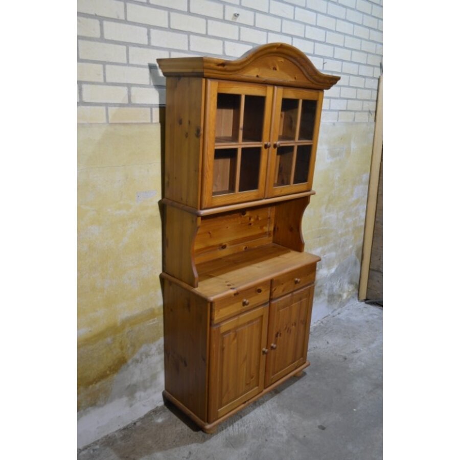Grenen buffetkast met vitrine, 2 lades en onderkast-3