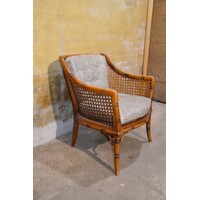 thumb-Vintage fauteuil met houten frame, rotan en beklede kussens-1