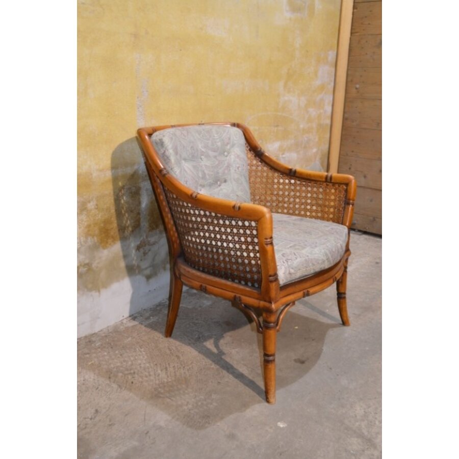 Vintage fauteuil met houten frame, rotan en beklede kussens-1
