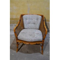 thumb-Vintage fauteuil met houten frame, rotan en beklede kussens-2