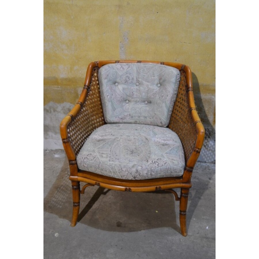 Vintage fauteuil met houten frame, rotan en beklede kussens-2