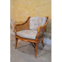 thumb-Vintage fauteuil met houten frame, rotan en beklede kussens-3