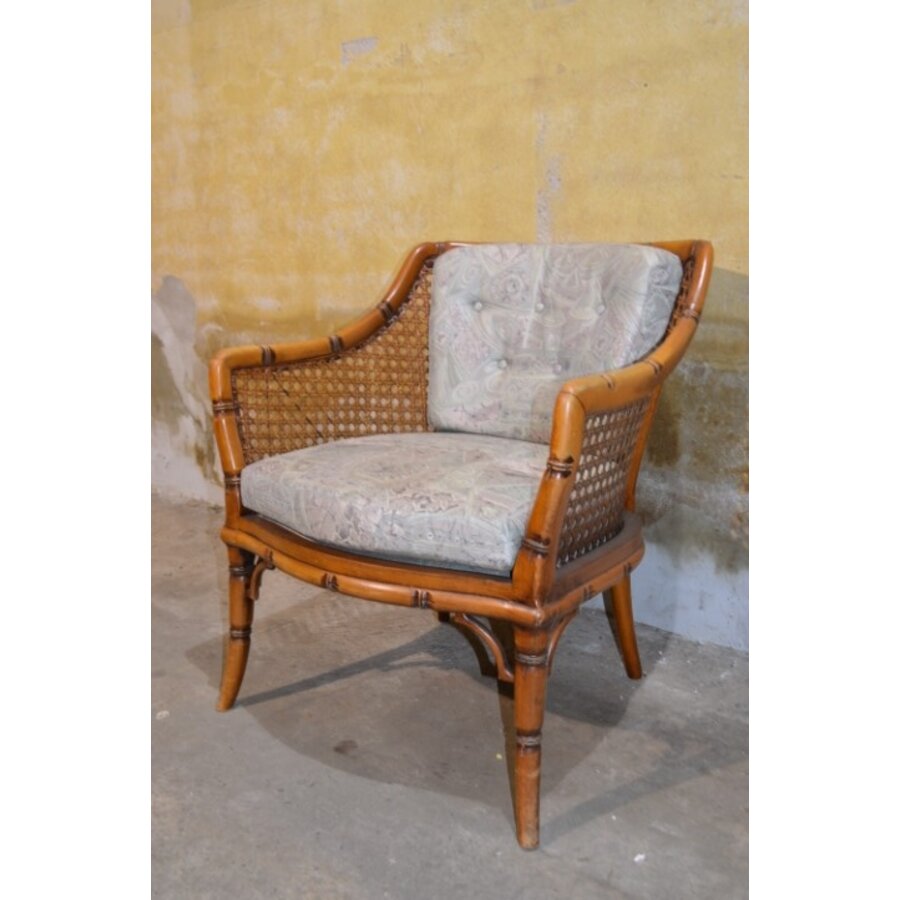 Vintage fauteuil met houten frame, rotan en beklede kussens-3