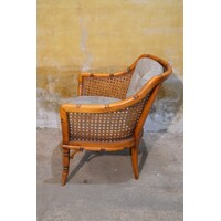 thumb-Vintage fauteuil met houten frame, rotan en beklede kussens-4