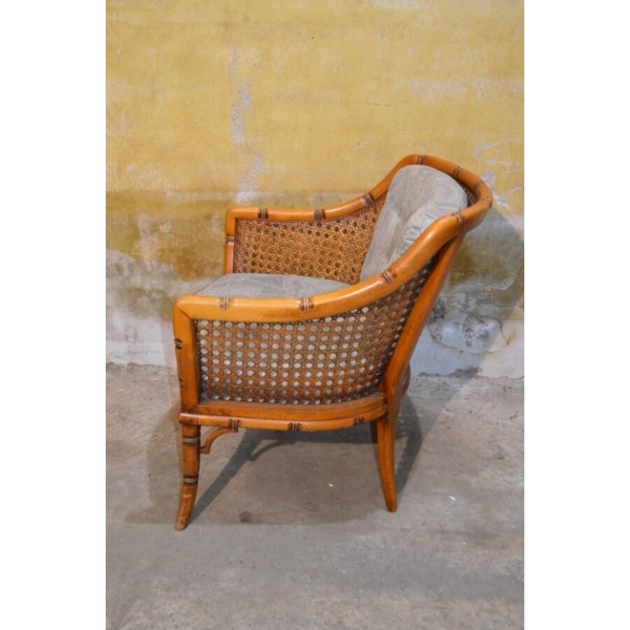 Vintage fauteuil met houten frame, rotan en beklede kussens-4