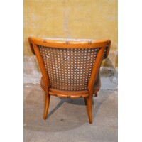 thumb-Vintage fauteuil met houten frame, rotan en beklede kussens-5