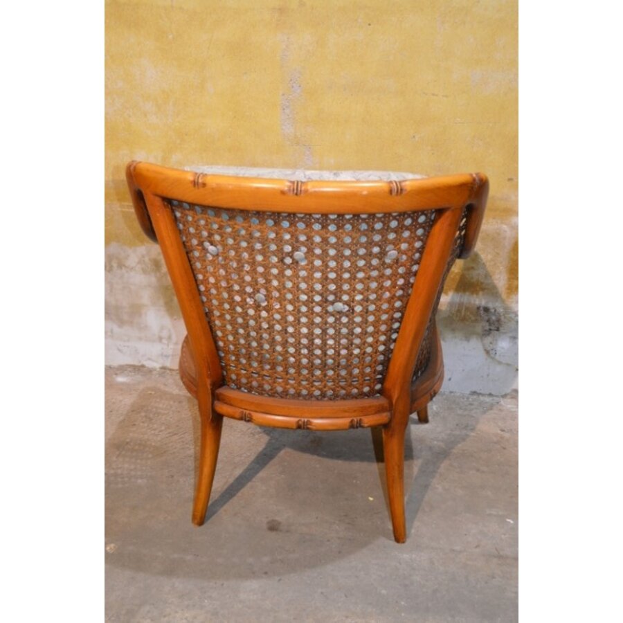 Vintage fauteuil met houten frame, rotan en beklede kussens-5