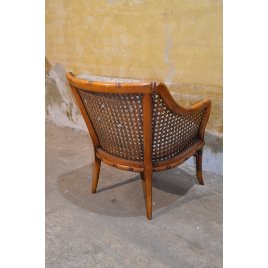 Vintage fauteuil met houten frame, rotan en beklede kussens-6