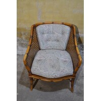thumb-Vintage fauteuil met houten frame, rotan en beklede kussens-7