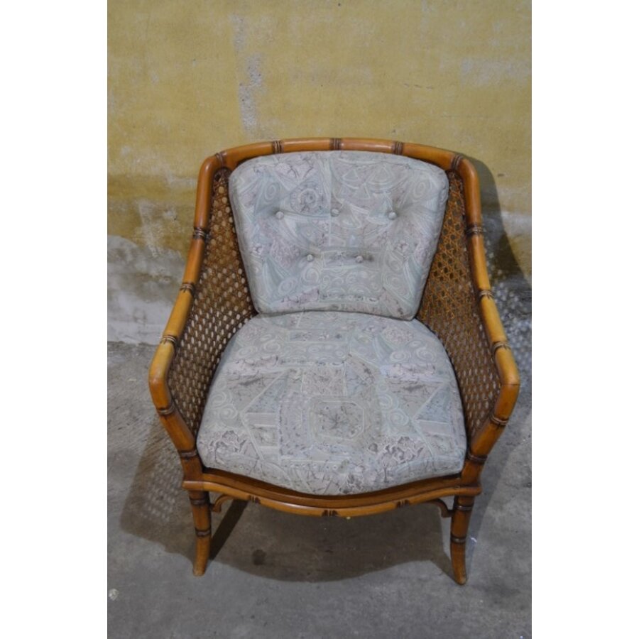 Vintage fauteuil met houten frame, rotan en beklede kussens-7