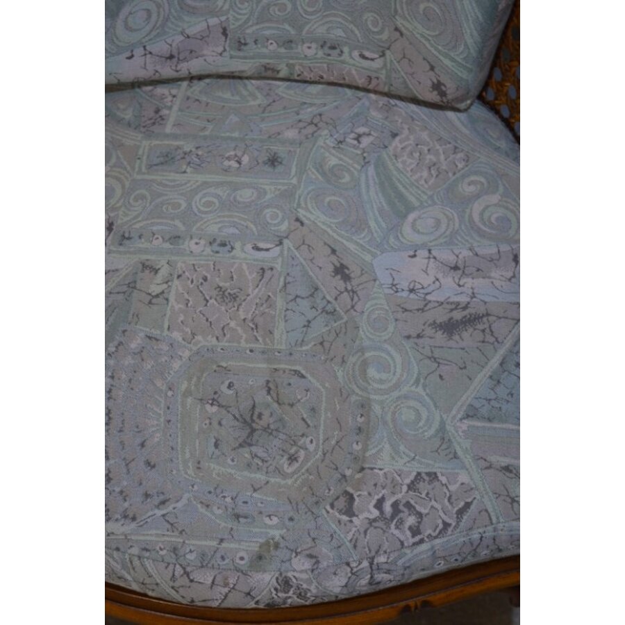 Vintage fauteuil met houten frame, rotan en beklede kussens-8