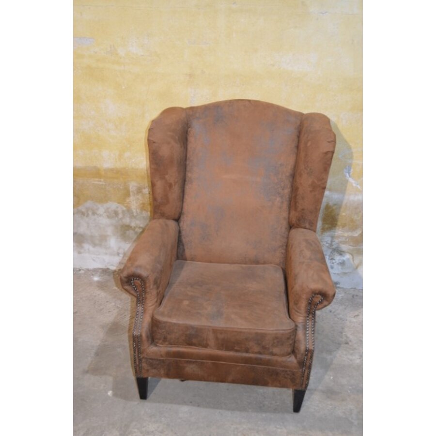 Vintage oorfauteuil van nubuckleer in goudbruine kleur-2