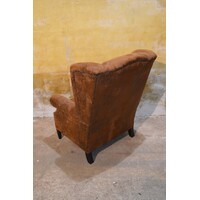thumb-Vintage oorfauteuil van nubuckleer in goudbruine kleur-6