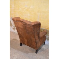 thumb-Vintage oorfauteuil van nubuckleer in goudbruine kleur-7