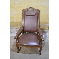 thumb-Klassieke fauteuil met donkerbruin leer en houtsnijwerk-2