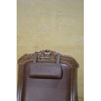 thumb-Klassieke fauteuil met donkerbruin leer en houtsnijwerk-3