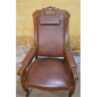 thumb-Klassieke fauteuil met donkerbruin leer en houtsnijwerk-4