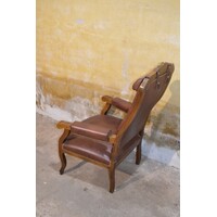 thumb-Klassieke fauteuil met donkerbruin leer en houtsnijwerk-6
