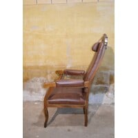 thumb-Klassieke fauteuil met donkerbruin leer en houtsnijwerk-7