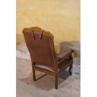 thumb-Klassieke fauteuil met donkerbruin leer en houtsnijwerk-8