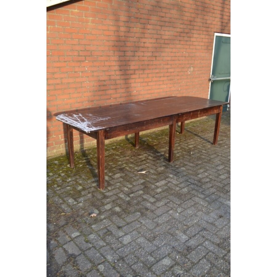 Grote oude grenen tafel van bijna 3 meter met zes poten-6