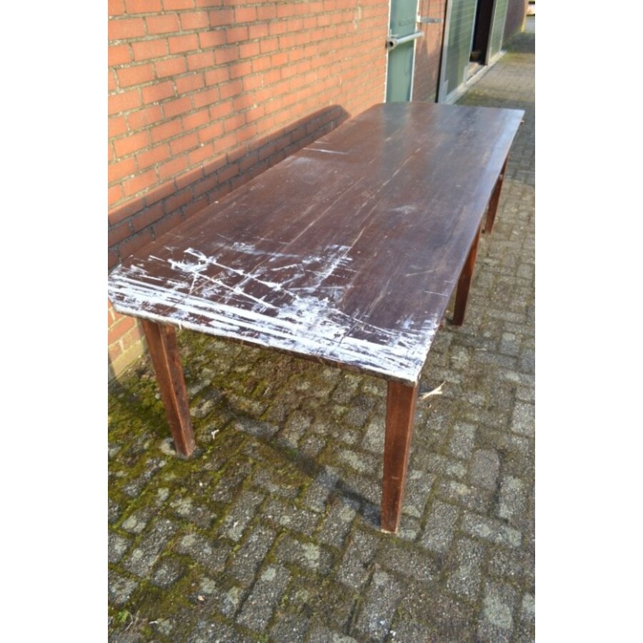 Grote oude grenen tafel van bijna 3 meter met zes poten-8