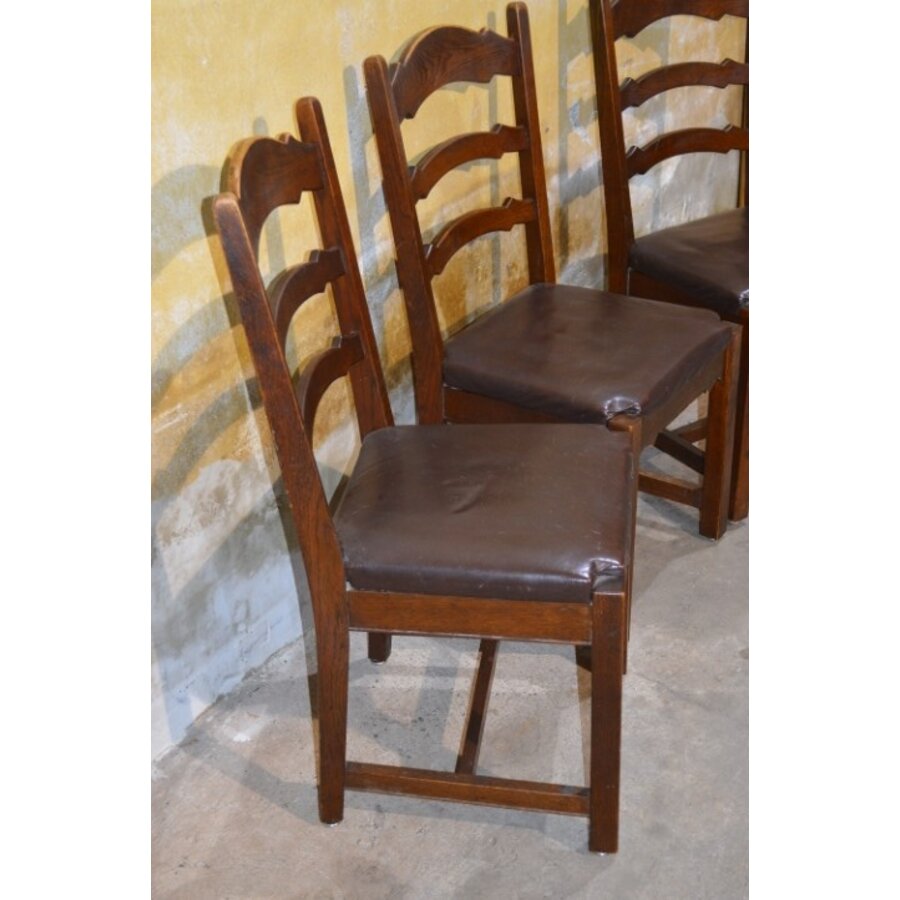 Set van 3 eiken stoelen met donker houten frame en leren zitting-4
