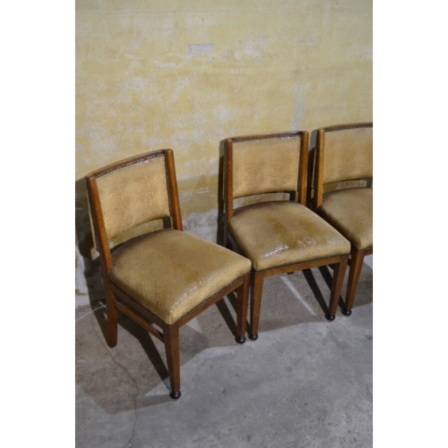 Set van 4 art deco eiken eetkamerstoelen met stoffen zitting-4
