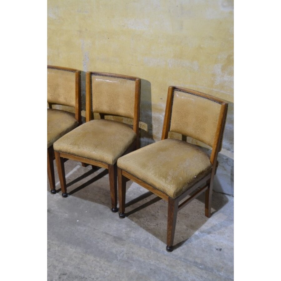 Set van 4 art deco eiken eetkamerstoelen met stoffen zitting-5