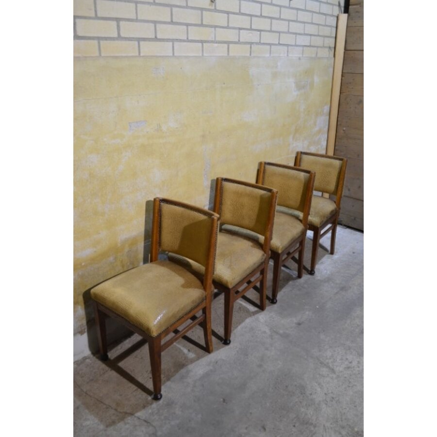 Set van 4 art deco eiken eetkamerstoelen met stoffen zitting-7