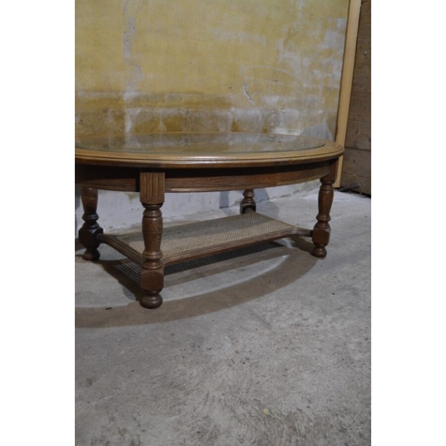 Ovale eiken salontafel met facet geslepen glasplaat en webbing-3