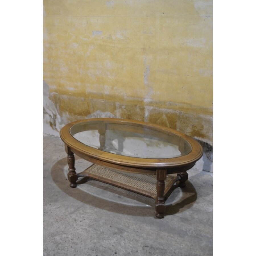 Ovale eiken salontafel met facet geslepen glasplaat en webbing-6