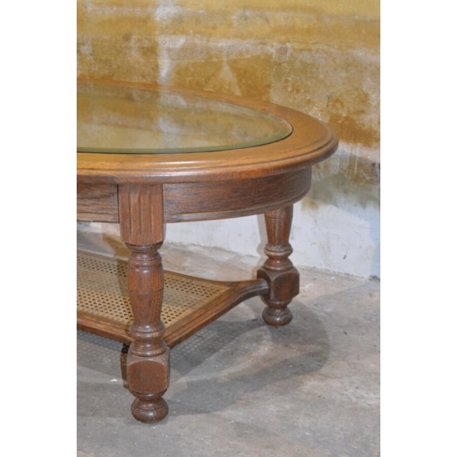 Ovale eiken salontafel met facet geslepen glasplaat en webbing-7