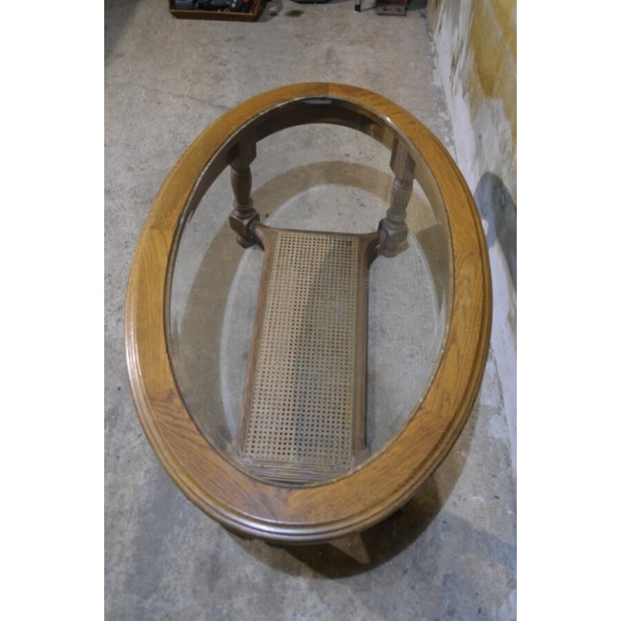 Ovale eiken salontafel met facet geslepen glasplaat en webbing-8