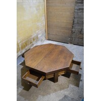 thumb-Achtzijdige eiken salontafel – Massief met 4 laden en vintage uitstraling-3