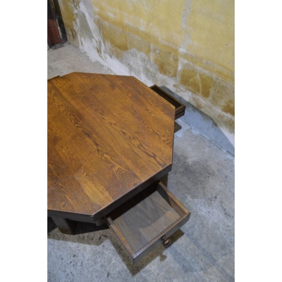 Achtzijdige eiken salontafel – Massief met 4 laden en vintage uitstraling-4