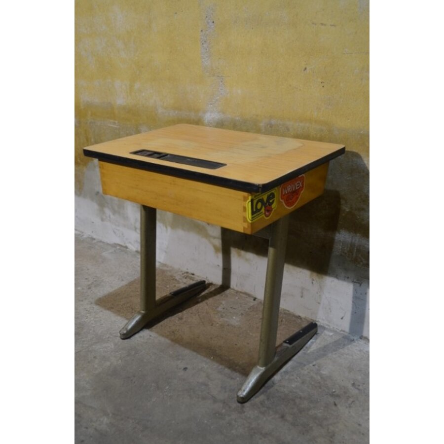 Vintage kinder schooltafeltje met houten blad en metalen onderstel-6