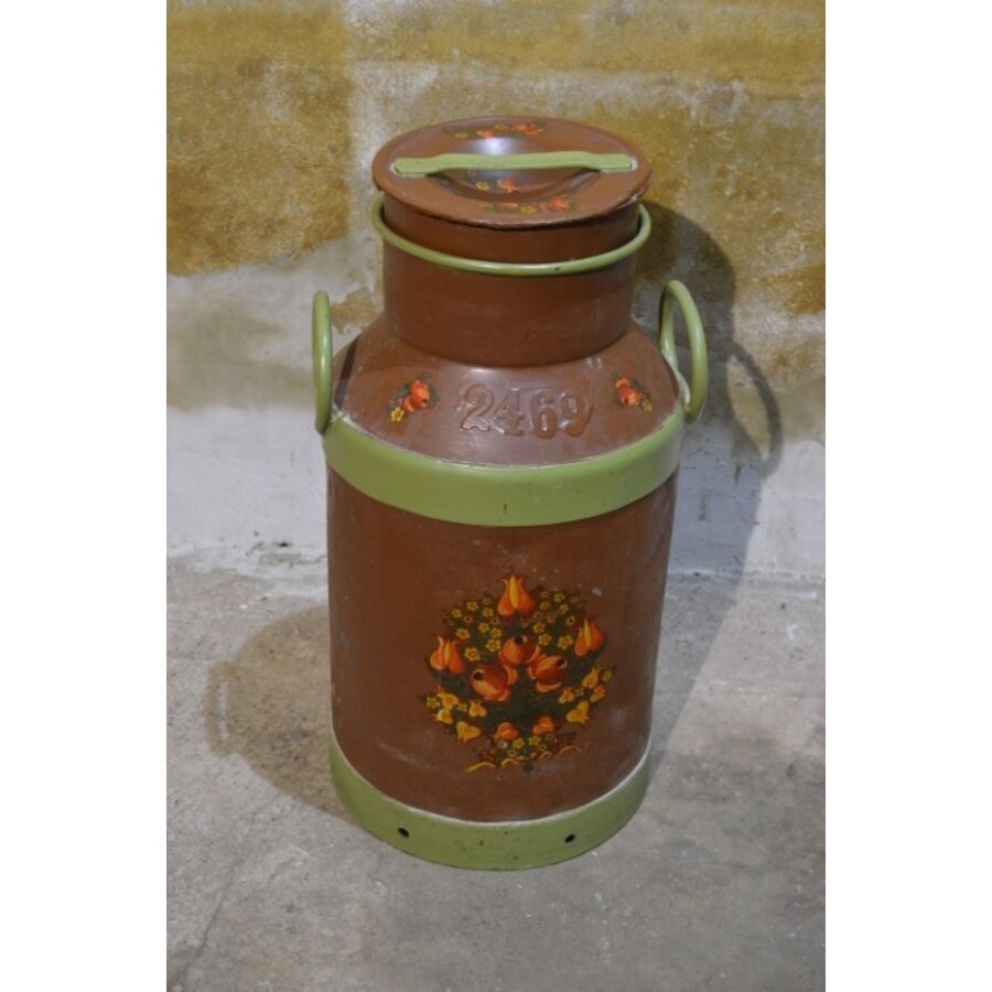 Vintage metalen melkbus geschilderd met bloemmotieven-1