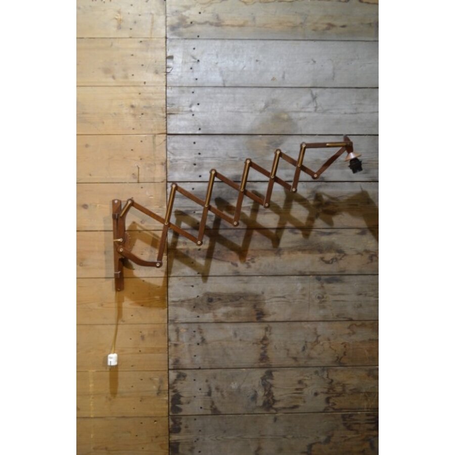 Retro houten schaarlamp met harmonica arm, verstelbaar tot 160 cm-6