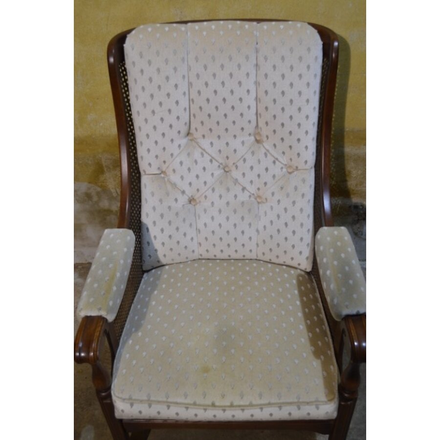 Eiken armfauteuil – Met webbing en stoffen zitting, vintage model-7
