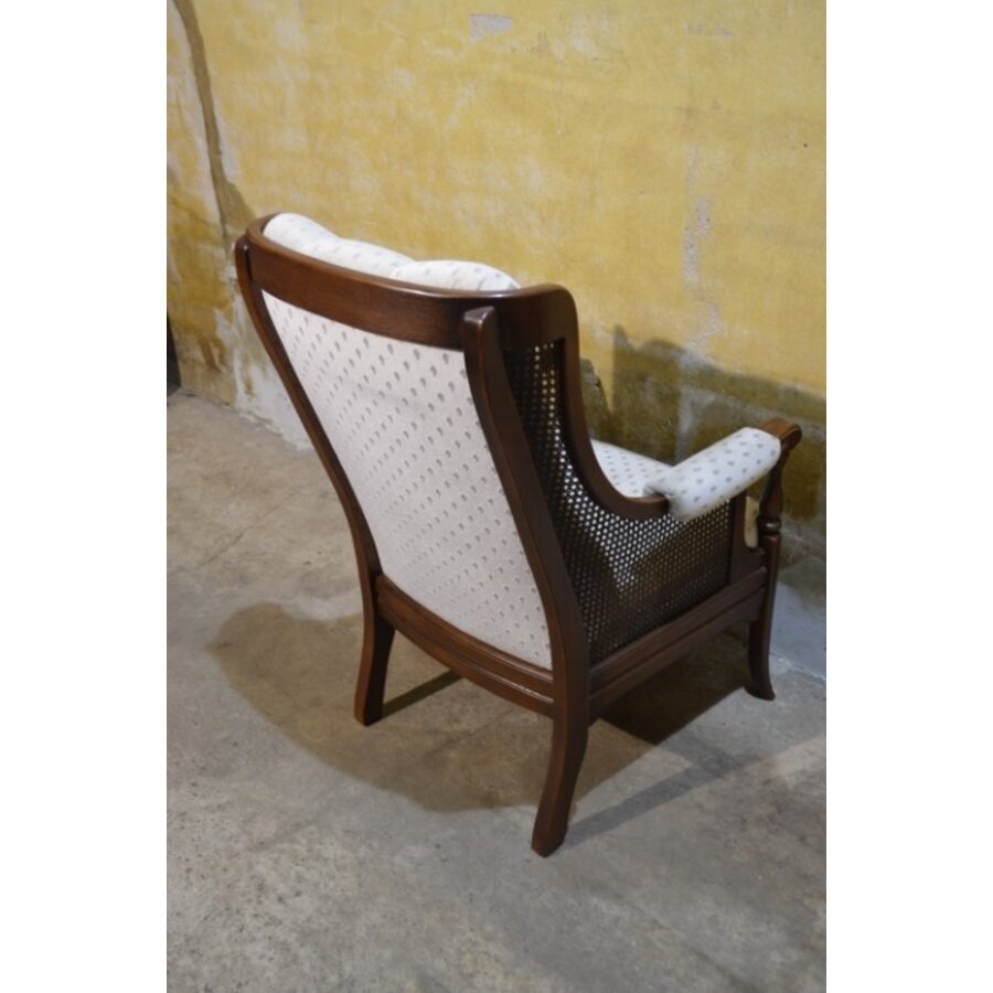 Eiken armfauteuil – Met webbing en stoffen zitting, vintage model-8