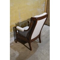 thumb-Eiken armfauteuil – Met webbing en stoffen zitting, vintage model-9