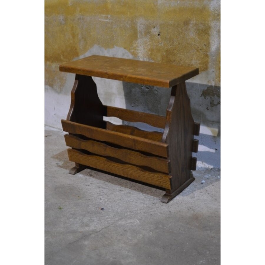 Eiken lectuurbak tafeltje – Vintage tijdschriftenhouder en bijzettafel-3