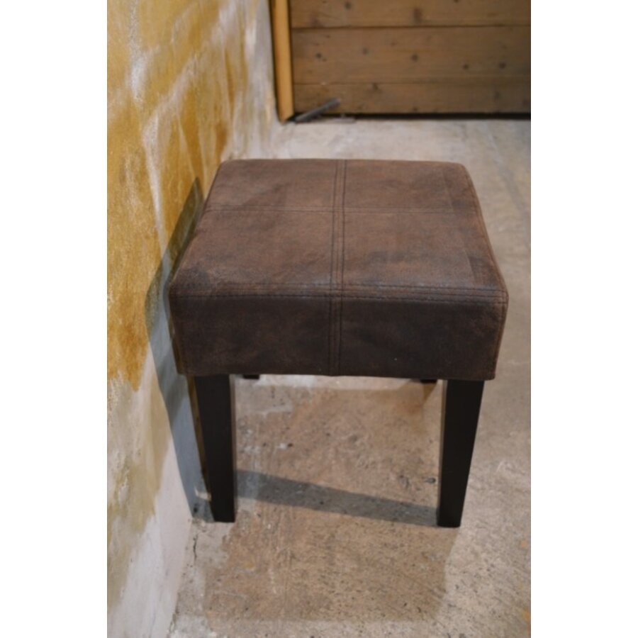 Zitkrukje met houten poten en donkerbruin nubuck leren zitting-2