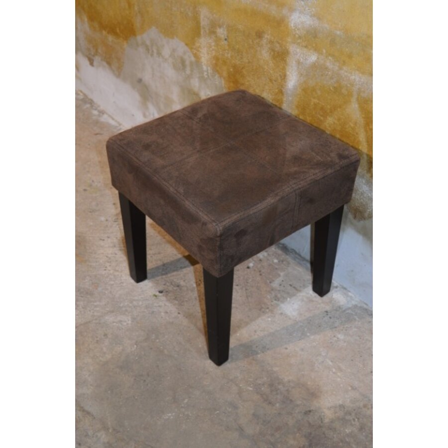 Zitkrukje met houten poten en donkerbruin nubuck leren zitting-4