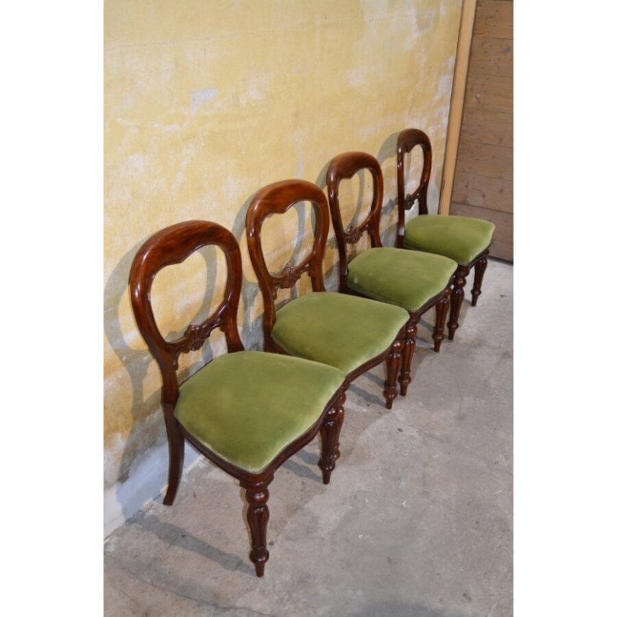 Set van 4 Victoriaanse mahonie stoelen ballonrug olijfgroen velours-1