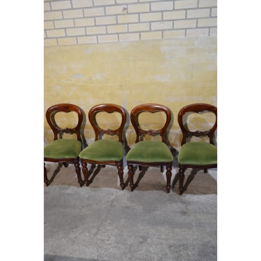 Set van 4 Victoriaanse mahonie stoelen ballonrug olijfgroen velours-2