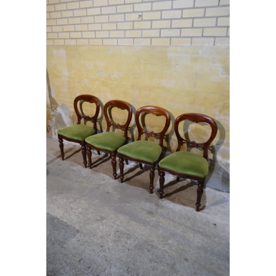 Set van 4 Victoriaanse mahonie stoelen ballonrug olijfgroen velours-3